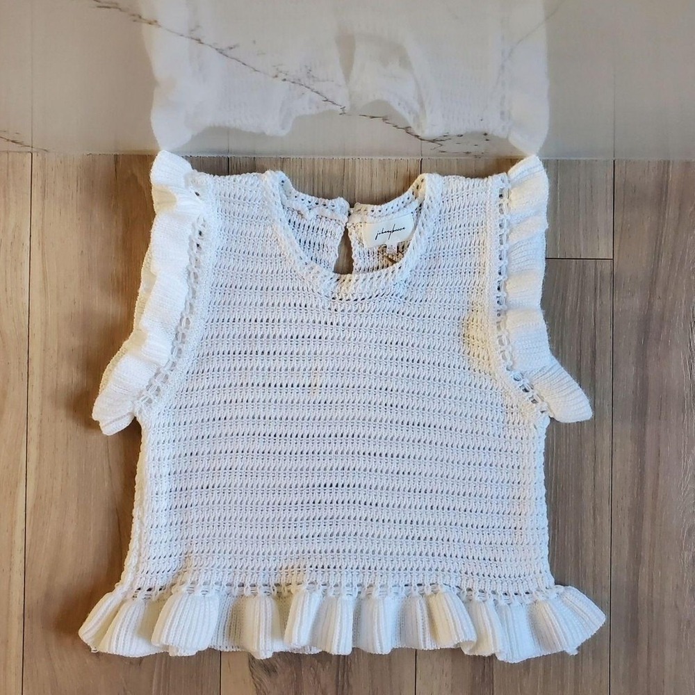 Johnny Becca Sweater Tank Top Girls S White Knit Ruffle Hem Lightweight Crochet